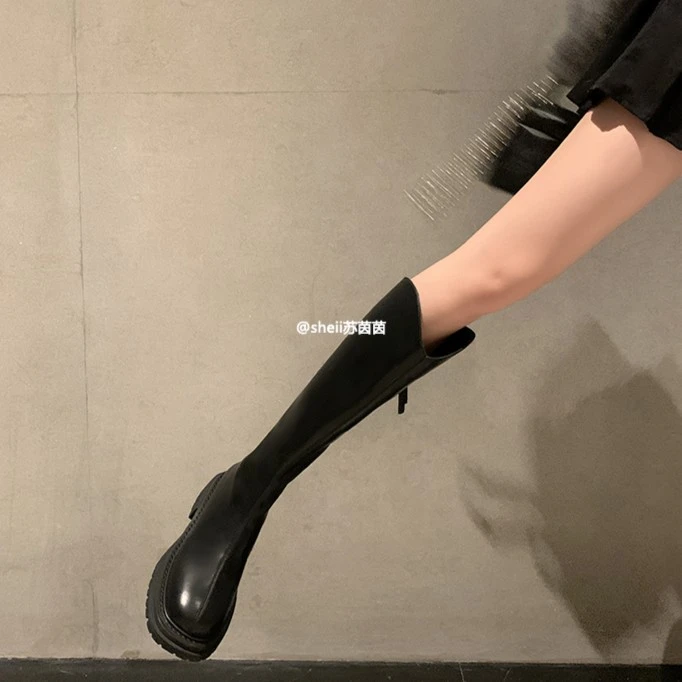 【苏茵茵】北野花雾~弹力圆头V口中高筒靴女骑士长靴E23E119A