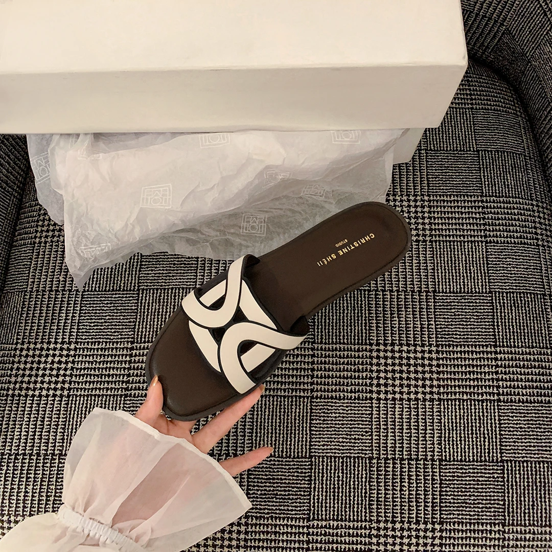 【sheii苏茵茵】渐渐深入~麻花真皮编织镂空一字平底拖鞋女凉拖夏