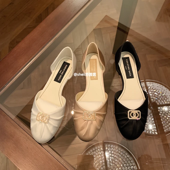 【反季福利】 江南春韵~小香风浅口水钻中空凉鞋女平底鞋E31C427A