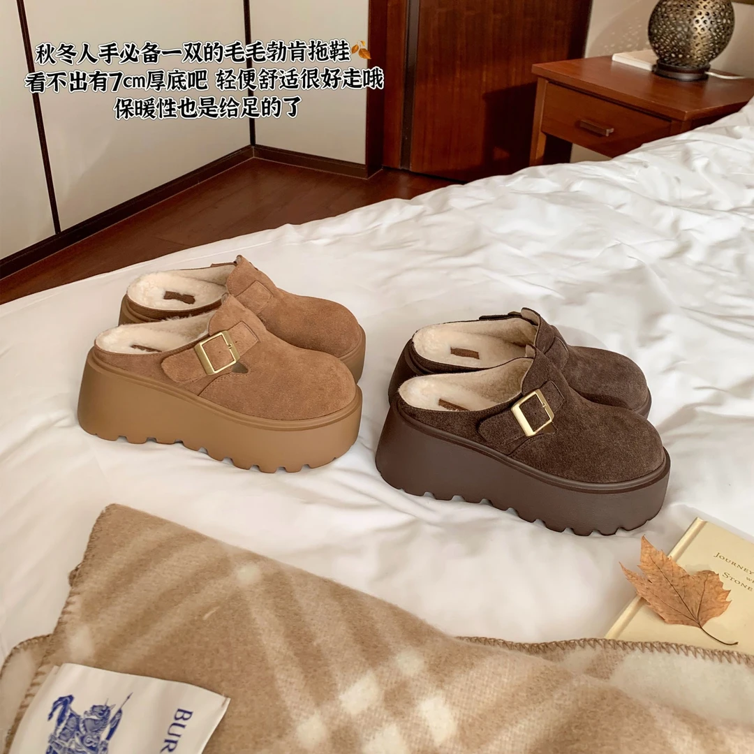 【sheii苏茵茵】长高7cm~保暖圆头包头毛毛半拖鞋女勃肯鞋E4411323