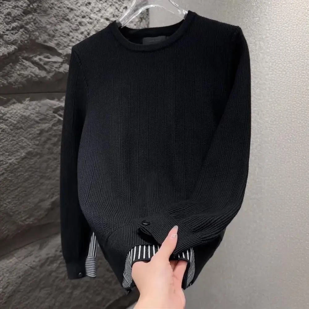 【商务休闲】2025秋冬新款男士假两件条纹拼接圆领针织衫毛衣打底衫