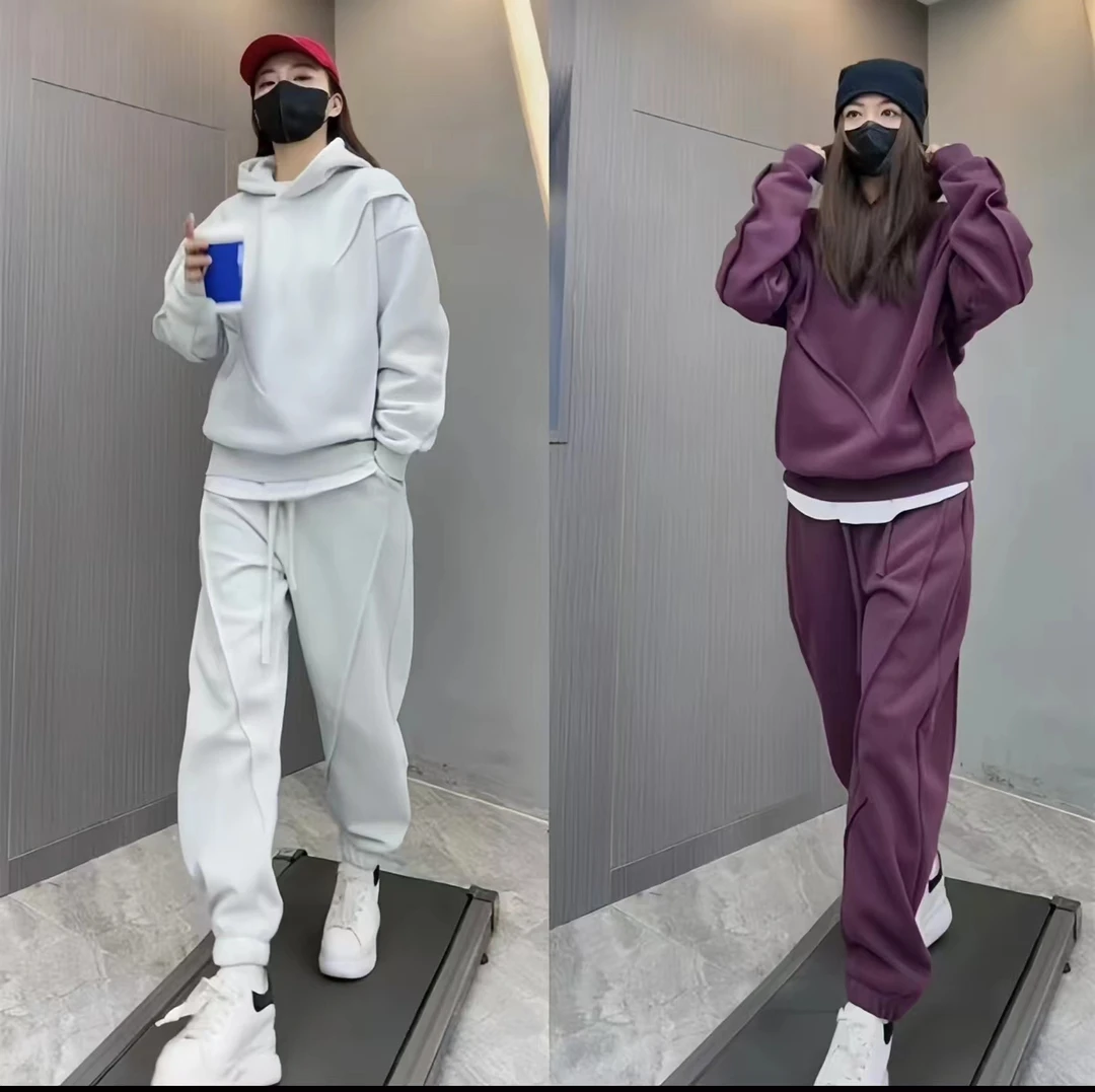 秋季男长袖休闲运动套装宽松潮流韩版痞帅纯色掐褶连帽卫衣两件套