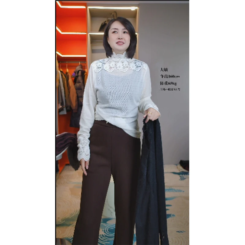 H 高领蕾丝钩花打底衫绒感上衣8726360