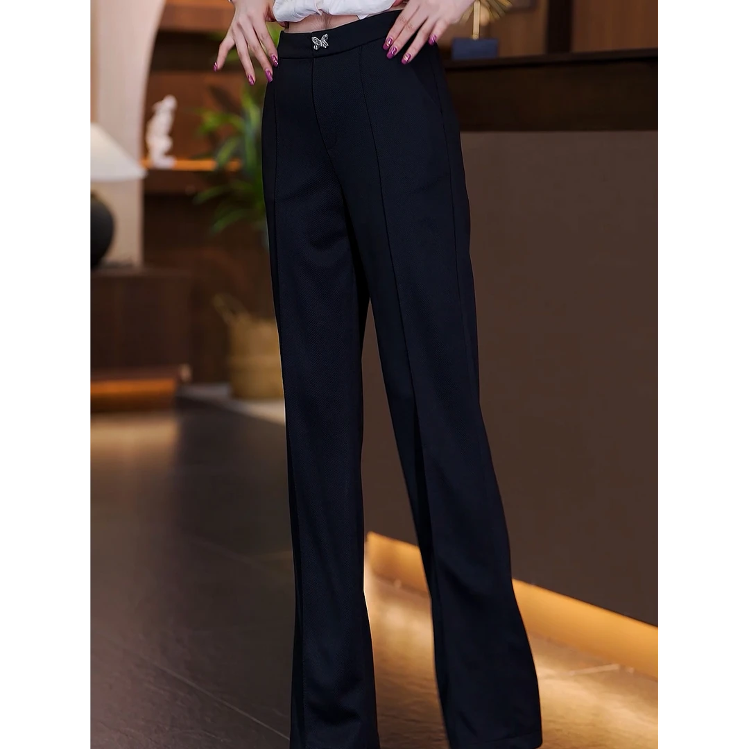 2024秋季新款黑色阔腿裤子设计感松紧腰高腰垂感直筒休闲裤长裤女