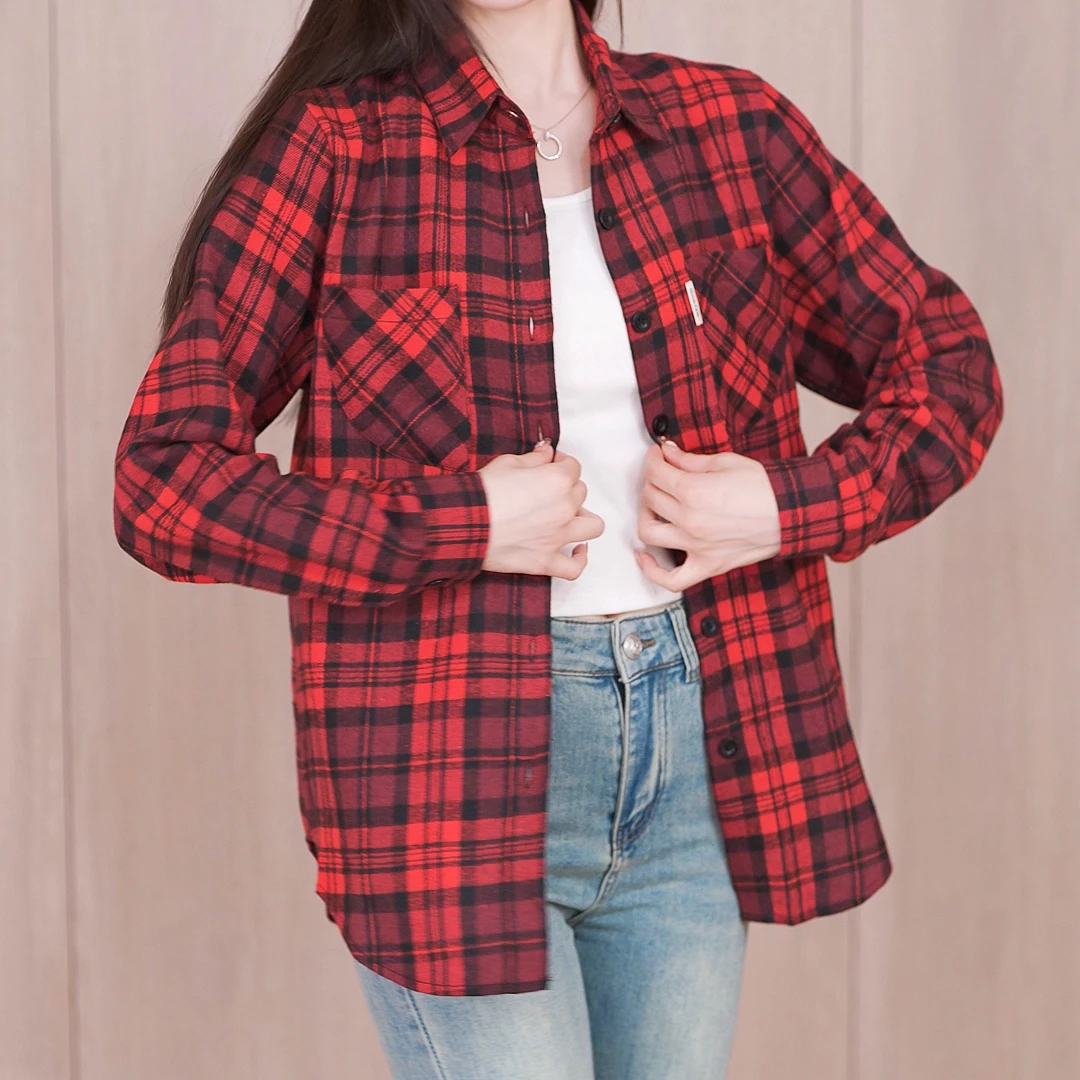 秋季新款百搭宽松显瘦大码长袖磨毛格子衬衫女