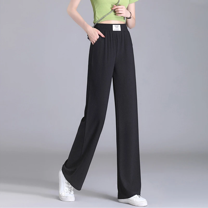 冰丝窄版阔腿裤女夏季高腰宽松直筒休闲裤大码垂感胖mm薄款长裤