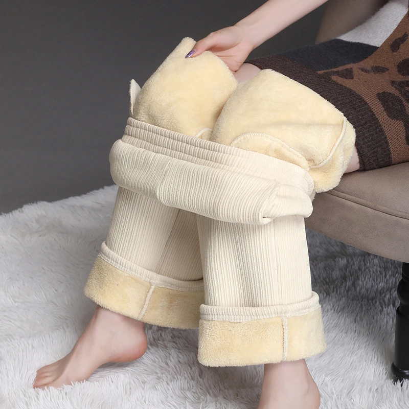 羊羔绒加绒加厚直筒裤秋冬季高腰特厚保暖外穿胖mm大码条绒阔腿裤