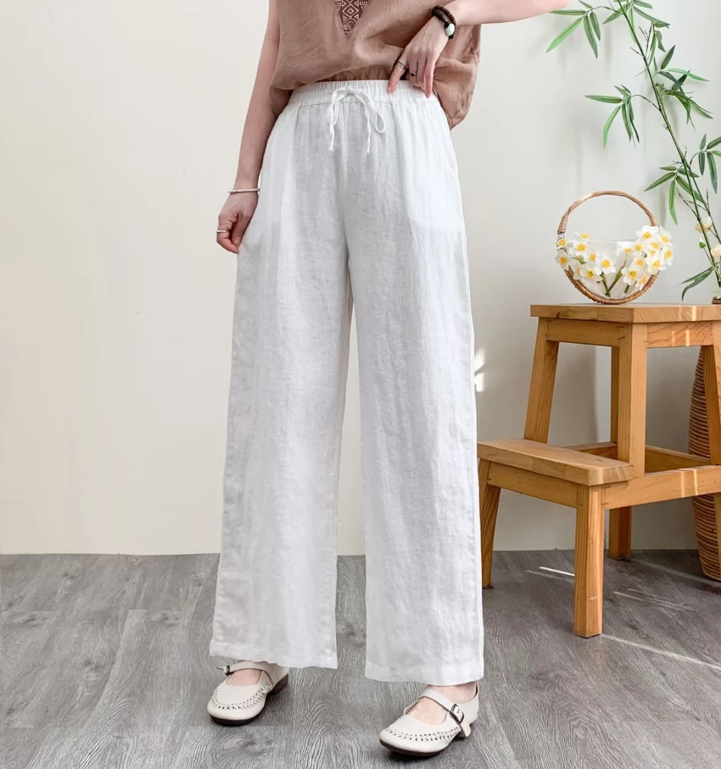 秋季新款纯亚麻阔腿裤韩版百搭宽松显瘦麻料直筒裤阔腿休闲裤