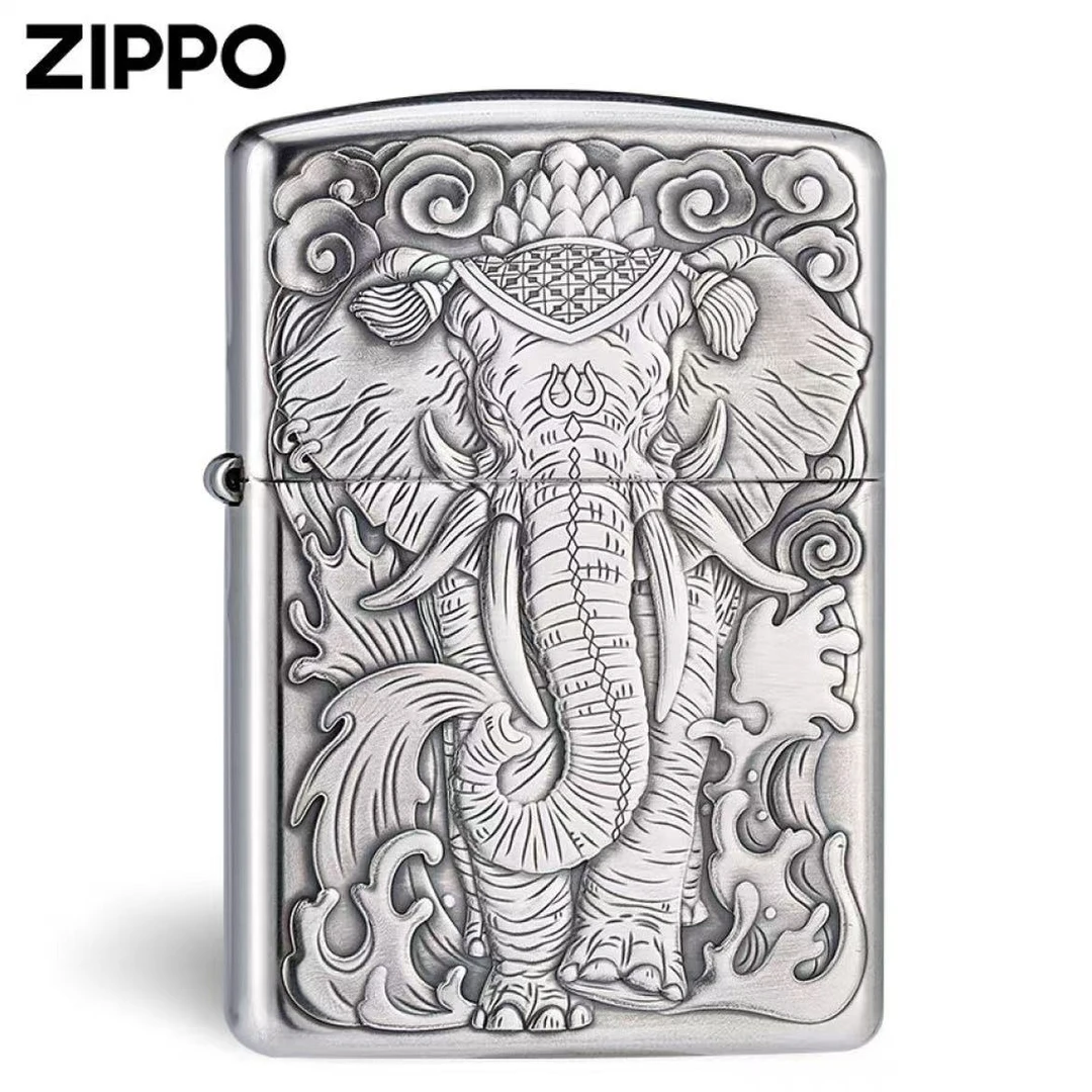 zippo复古打火机纯银盔甲六牙象浮雕防风原装盔甲机送男士仿古