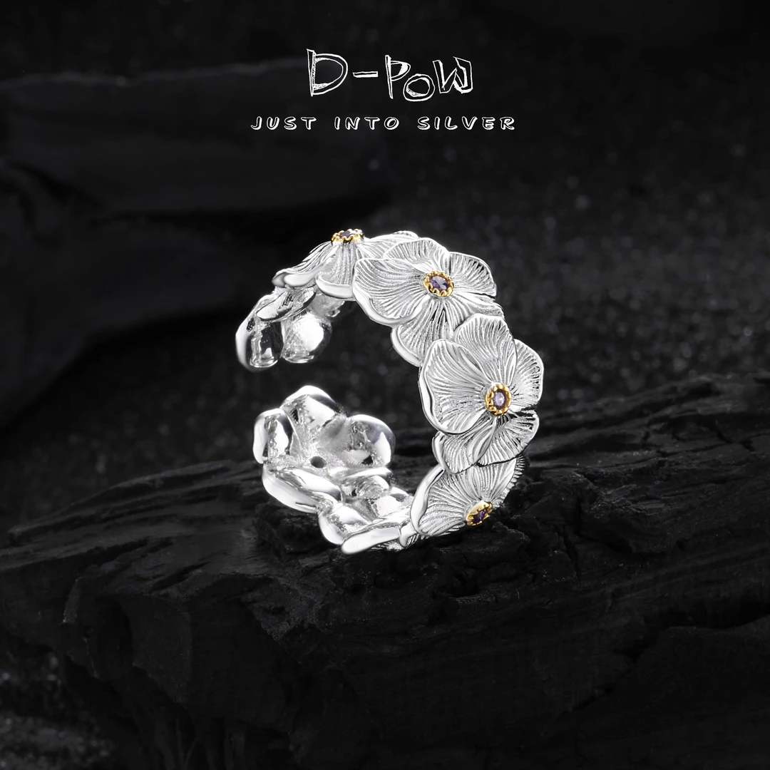 灯小炮 925银合成锆石戒指 【繁花】手工高定点镶栀子花宽戒（7915）