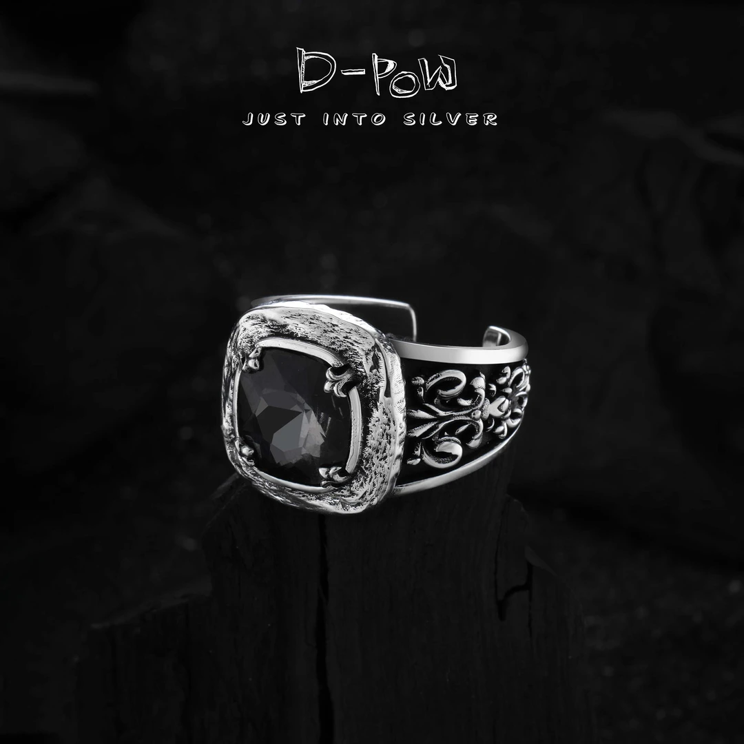 灯小炮 925银合成锆石戒指 手工卷草中古冰糖宝藏石戒指(6539)