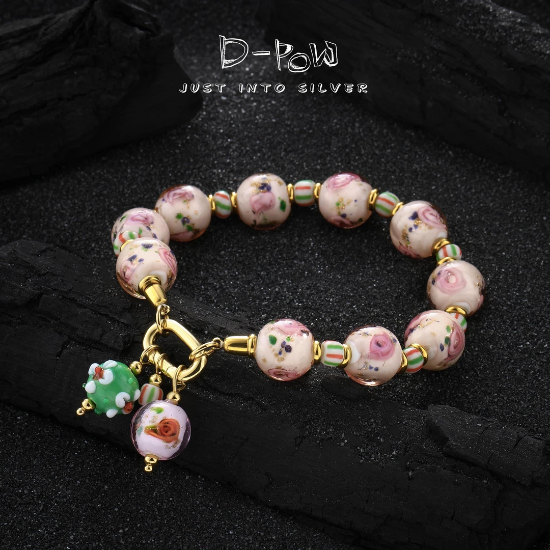 灯小炮 非金属亚克力手链 玫瑰花茶内画手工琉璃珠手链（6760）