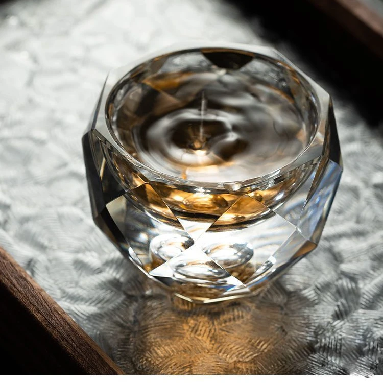 简约创意玻璃茶杯高切面主人杯绿松石金箔家用钻石水晶幻彩玻璃杯