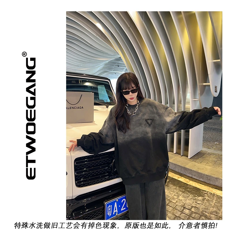 ETWOEGANG【P家倒三角】秋冬洗水做旧潮牌圆领重磅卫衣男女同款上衣