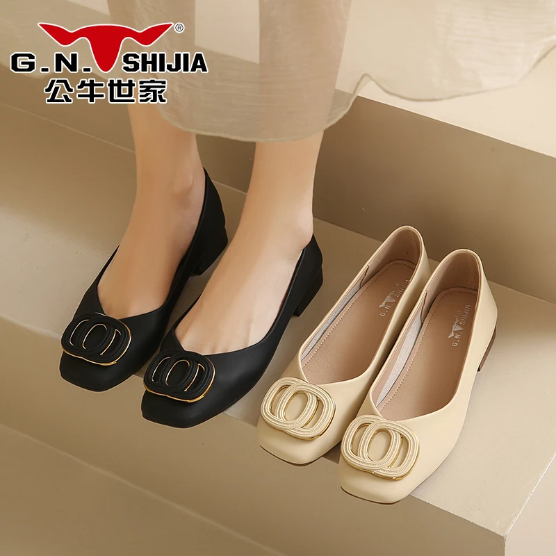 G.N.Shi Jia/公牛世家春秋舒适百搭软底妈妈鞋粗跟平底方头浅口