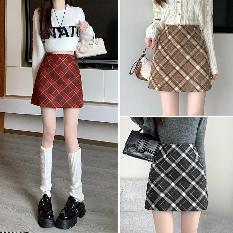 高质量复古毛呢格子短裙秋冬厚实高腰毛呢显瘦半身短裙防走光裙子