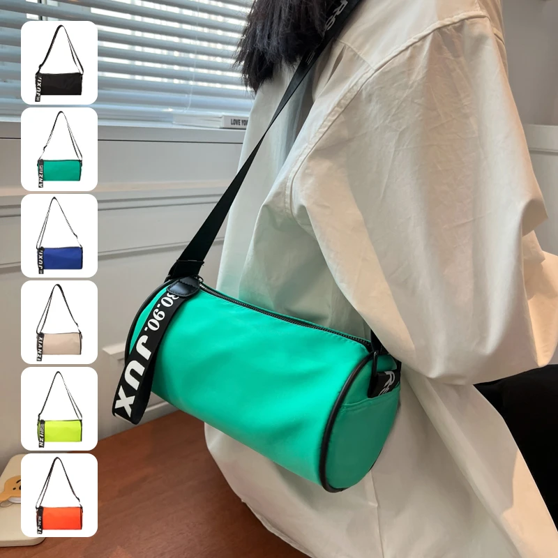 莱马2024新款斜挎包运动健身休闲牛津布单肩圆筒包糖果色简约女包