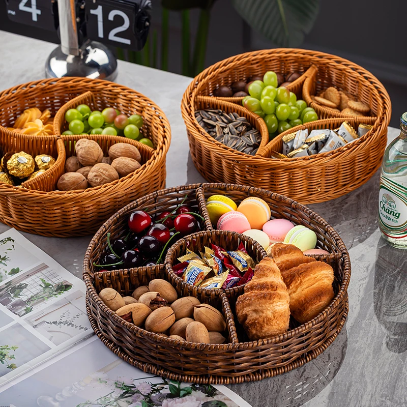 创意日式水果盘客厅家用分格茶点盘零食糖果盒仿藤编干果篮坚果盘