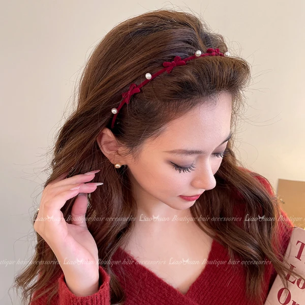 精致点缀红色蝴蝶结细发卡发箍女秋冬高级感头箍2023新款百搭头饰