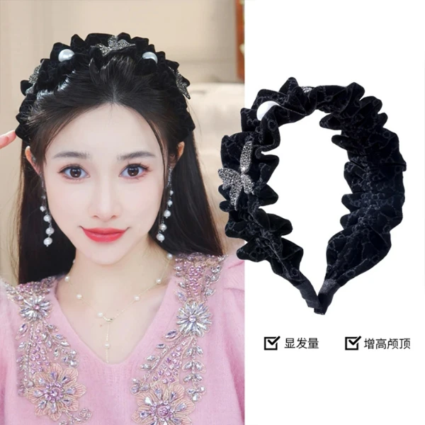 高级感水钻丝绒蝴蝶发箍女2023秋冬新款头箍外出百搭发捆网红头饰