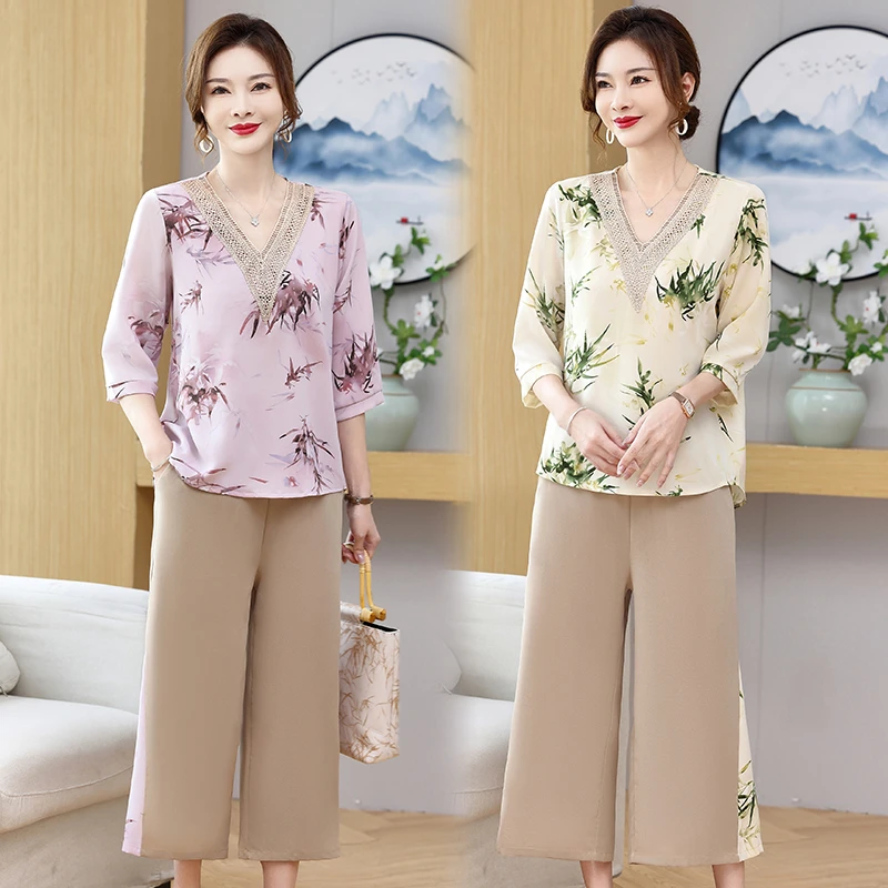 新款夏季妈妈时尚短袖套装中老年女显瘦气质宽松印花洋气两件套女