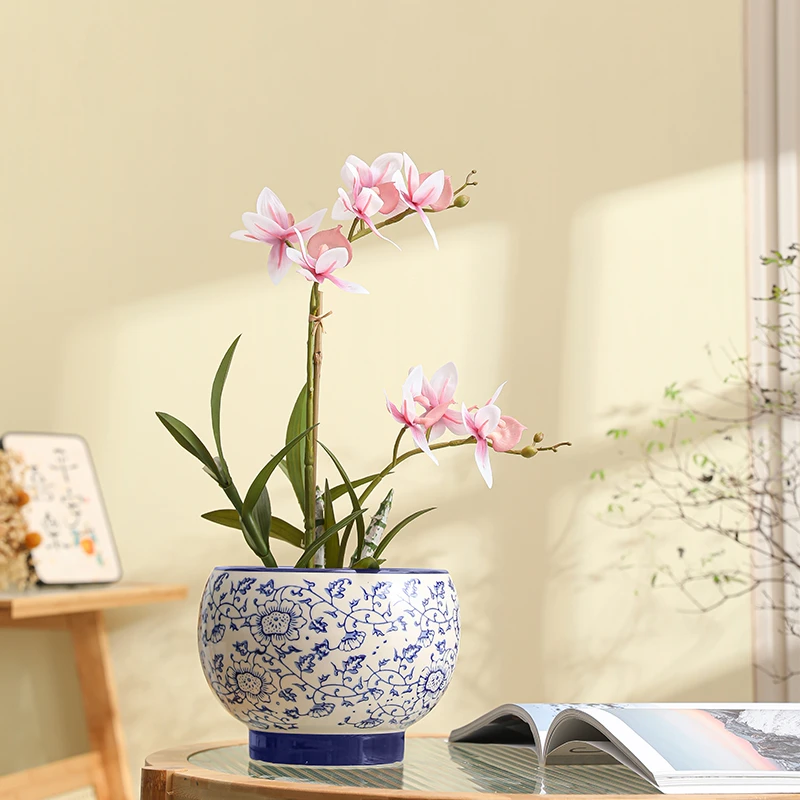 新中式青花瓷陶瓷花盆家用高颜值精致兰花客厅桌面蝴蝶兰盆栽套盆