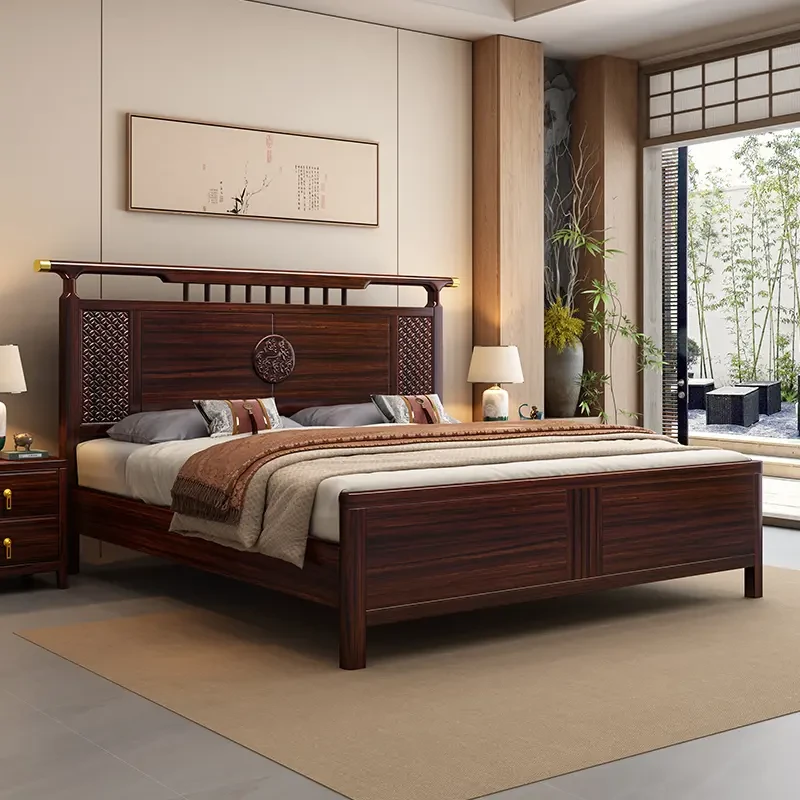 新款乌金木新中式实木床1.8m卧室双人床家用婚床中古风气压储物床