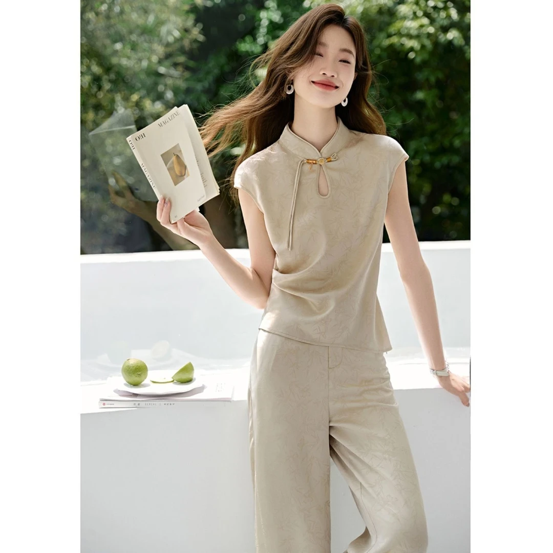 新中式时尚套装休闲气质2024夏季新款无袖上衣高腰长裤两件套女士