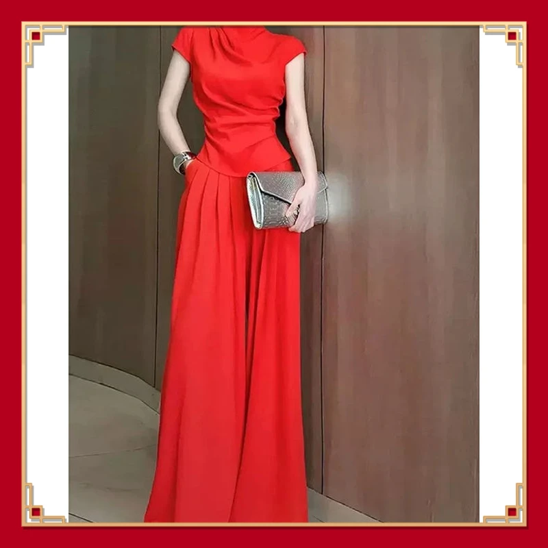 茶系穿搭一整套气质干练女装感轻奢小香风红色两件套装裤夏季