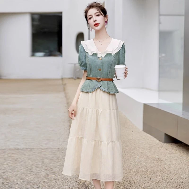 时尚牛仔套装女夏装2024新款流行小个子气质漂亮半身裙两件套