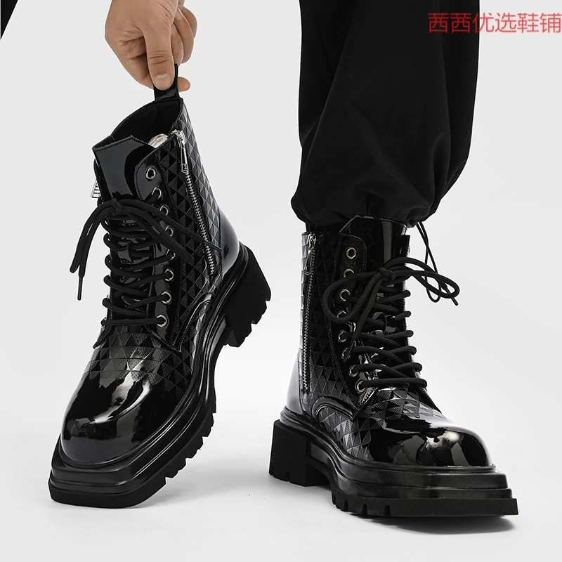马丁靴男2023新款高帮皮鞋拉链黑色靴子冬季厚底漆皮高级感工装靴