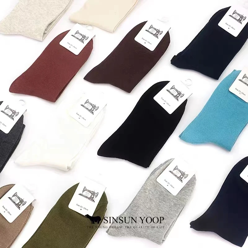 1634秋冬休闲复古风ins平板基础中筒棉袜女士百搭
