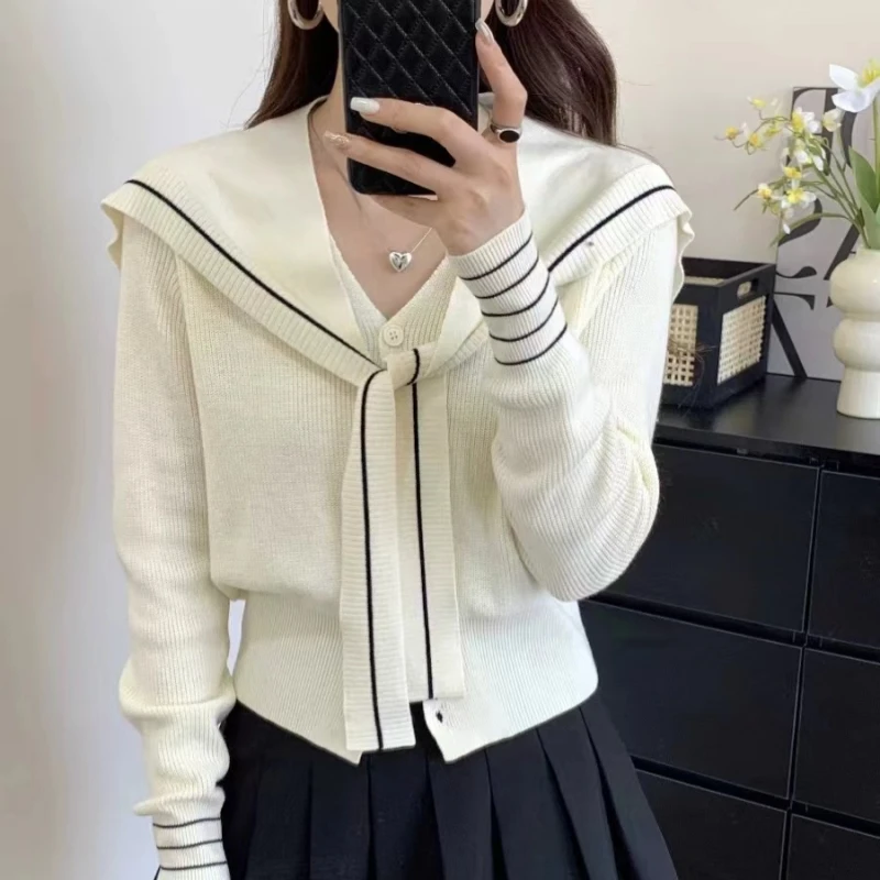 小香风海军领披肩针织衫女春秋2024新款显瘦上衣外套短款毛衣开衫