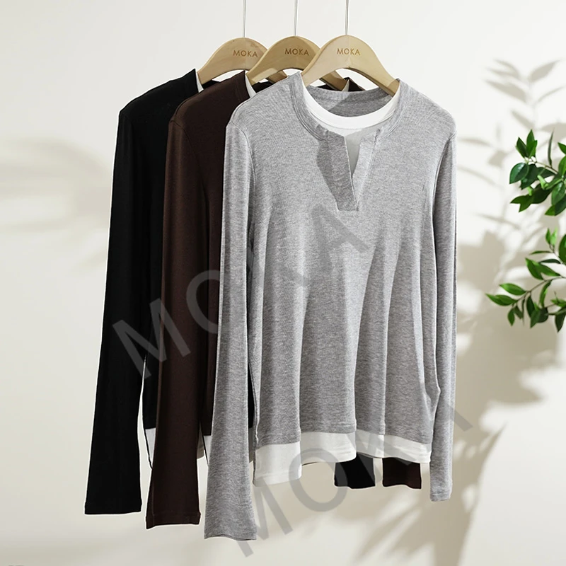 法式亨利领 含羊毛假两件女士长袖T恤（241704）20798