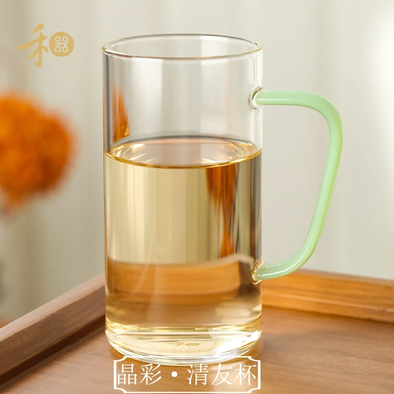 禾器晶彩清友杯浅玉玻璃绿茶杯纯手工办公杯耐热高硼硅纯色泡茶杯