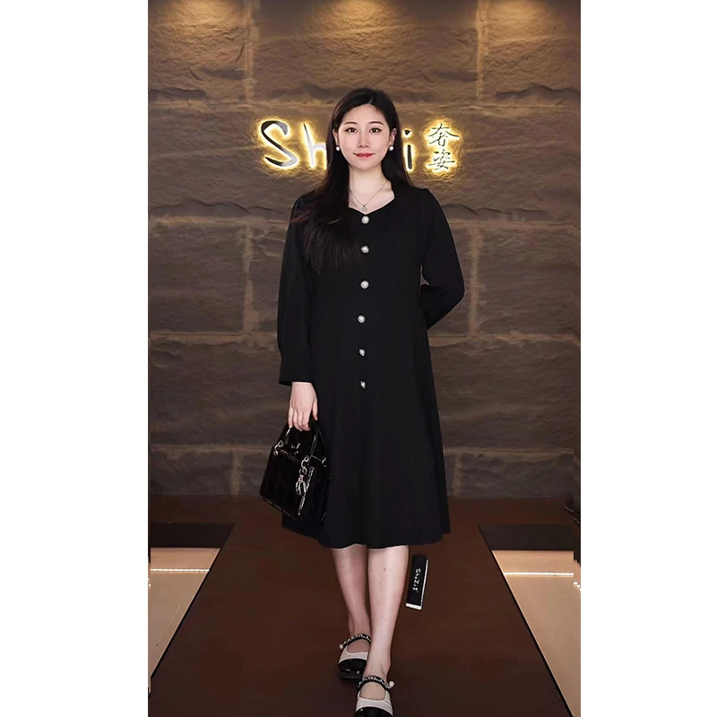 【原创设计师款女装】大码女装气质方领连衣裙胖妹妹遮肚时尚裙子