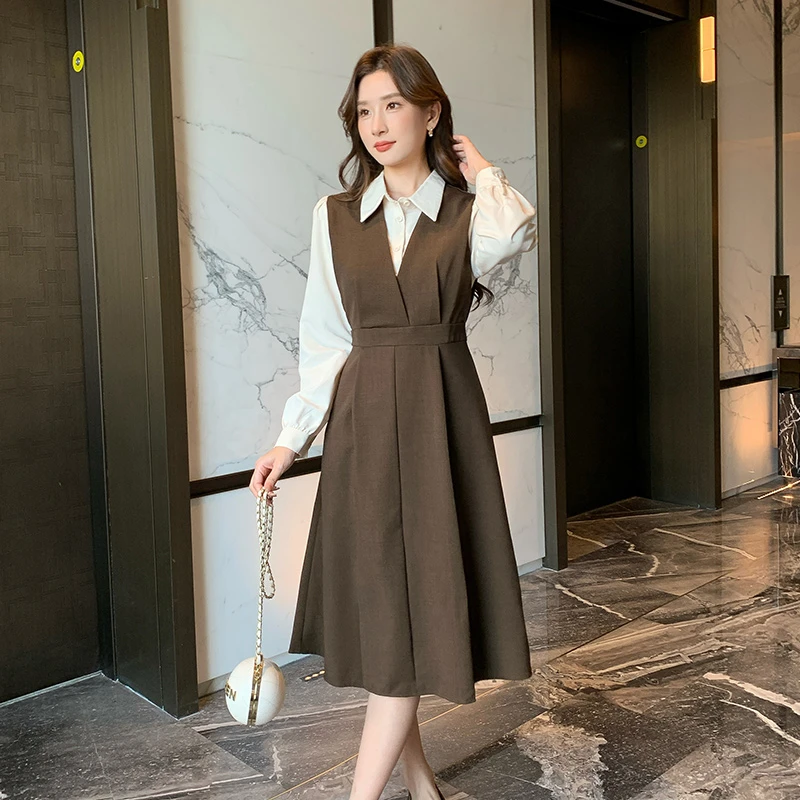 奢姿大码女装2024秋季气质POLO领连衣裙胖妹妹时尚假两件拼接裙子