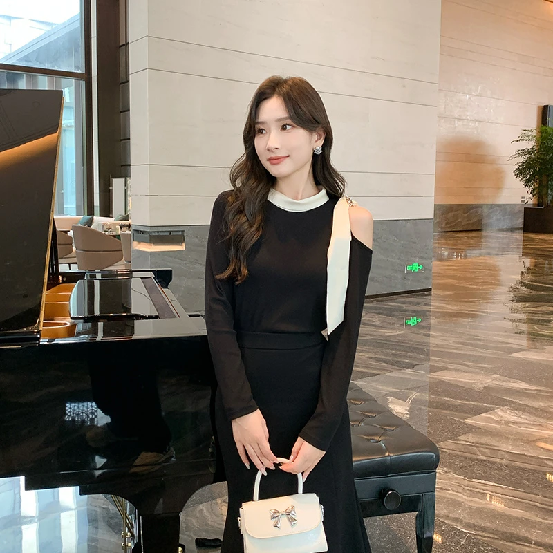 奢姿2025新款大码女装胖妹妹露肩针织衫鱼尾半身裙穿搭套装