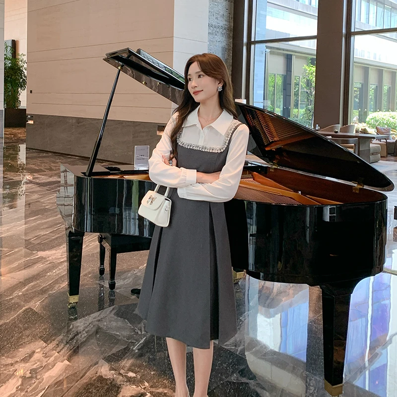 奢姿2024年秋季新款大码女装减龄花边裙子胖妹妹撞色假两件连衣裙