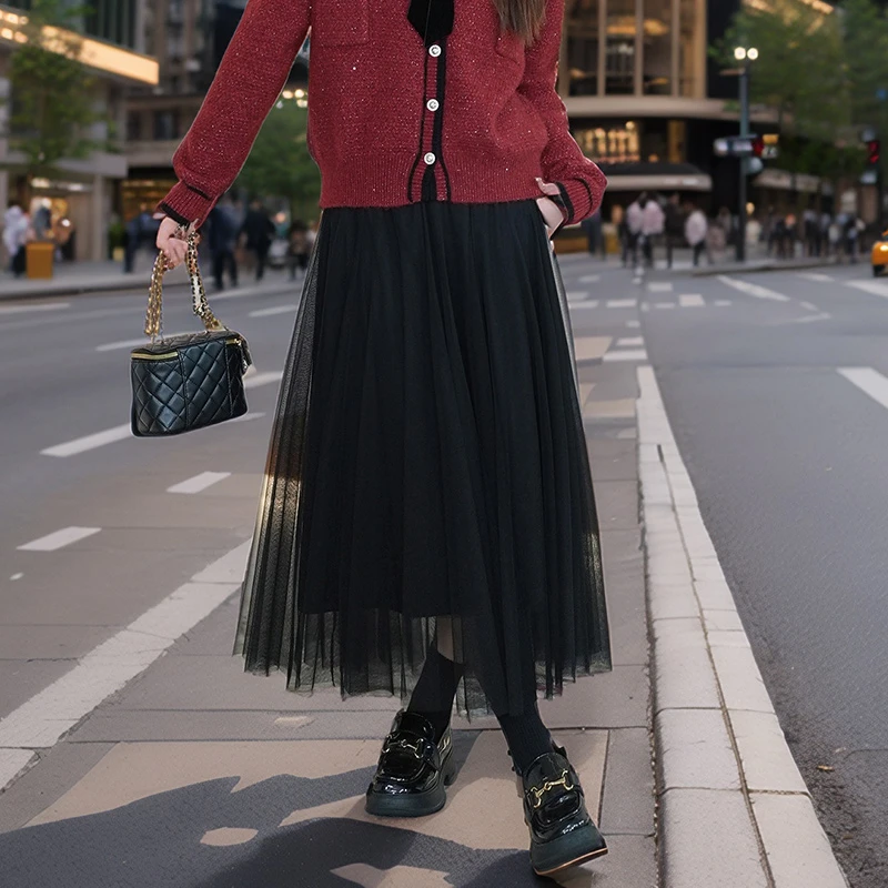 大码女装2025冬季时尚半松紧裙子胖妹妹气质网纱拼接半身裙