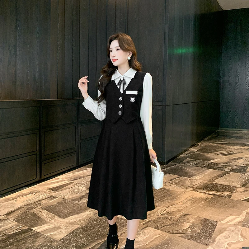 奢姿大码女装2024秋冬蝴蝶结拼接假两件连衣裙胖妹妹气质翻领裙子