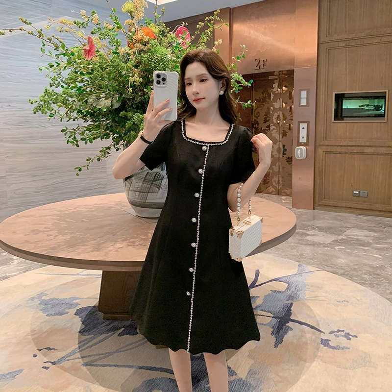 [奢姿轻奢系列]夏季新款大码女装重工钻链裙子胖妹妹波浪摆连衣裙