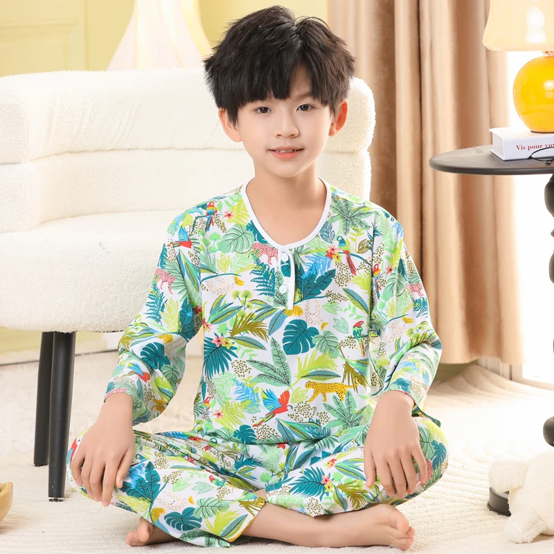 夏季中大儿童棉绸睡衣薄款人造棉宝宝男孩女孩休闲空调家居服套装