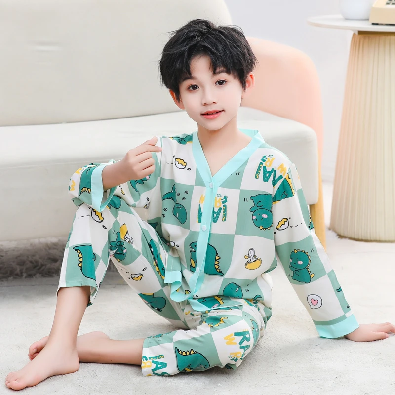 男童睡衣夏季棉绸长袖中大童薄款小男孩儿童空调家居服开衫套装