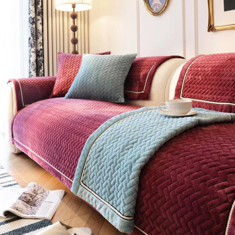 居家好物北欧现代毛绒沙发垫酒红编织格子滑保暖神器坐垫套盖布巾