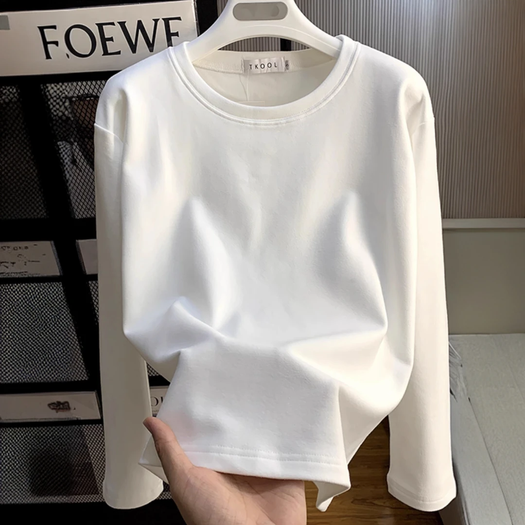 白色圆领打底衫女内搭德绒磨毛发热长袖t恤保暖百搭上衣秋冬季潮