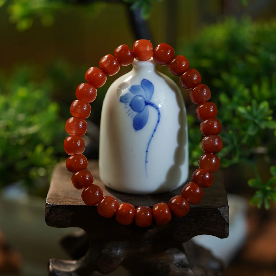 【凤鸣珠宝】天然原矿牛血红火焰纹老型单圈南红手串s-105