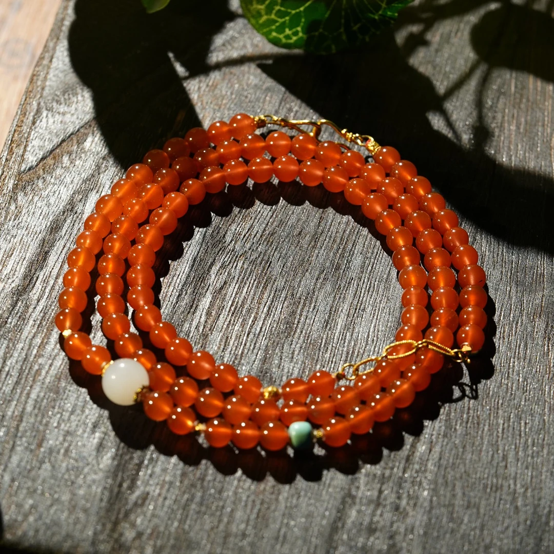 天然保山河湾冰红18K镶南红多用链X-30多圈手串项链