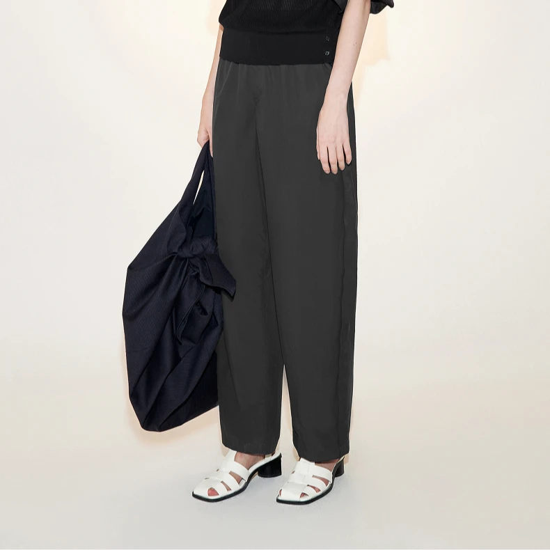 LESS夏季棉质裤子女复古休闲撞色高腰宽松长款直筒裤2N5E1439A