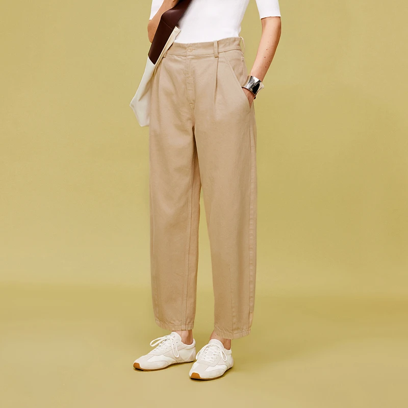 LESS春休闲简约全棉直筒裤子女弯刀复古工装休闲长裤2O3E11410